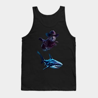 Meow's Aquatic Adventure cat riding shark Tank Top